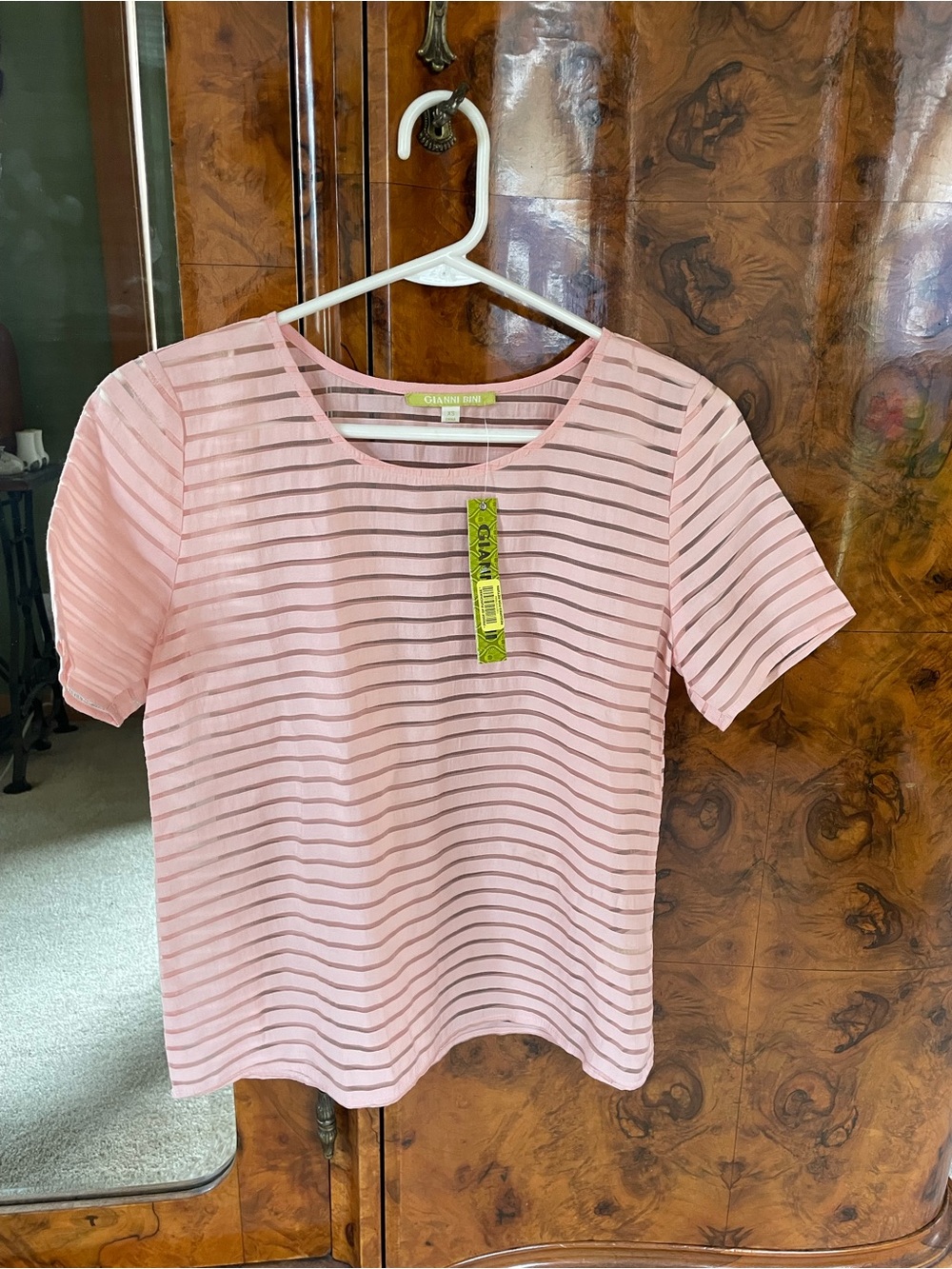Gianni Bini Light Pink Sheer Striped Short Sleeve Top